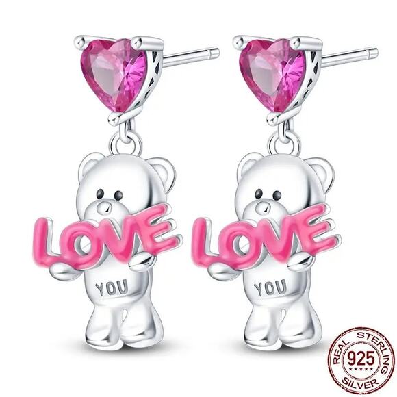 Sterling Silver Teddy Bear Heart Pink Zircon Drop Earrings‎ - S925 - Picture 1 of 5